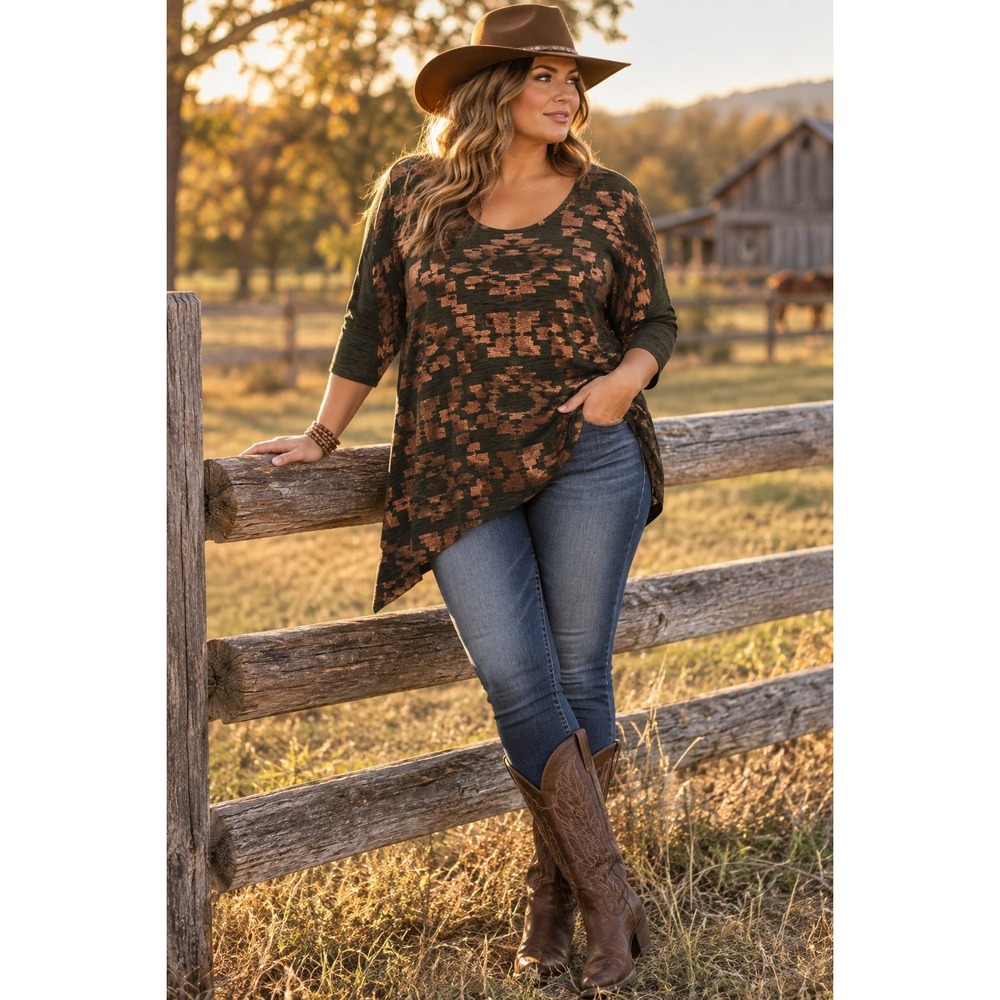 Lane Bryant Plus 20 Green Brown Geometric Knit Tunic Top 3/4 Sleeve Scoop